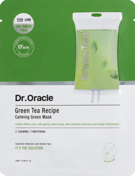 Dr.Oracle Green Tea Recipe Calming Green Mask, zielono-biała saszetka maski w płachcie z grafiką zielonej herbaty.