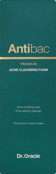 Opakowanie pianki Dr.Oracle Antibac Premium Acne Cleansing Foam, ciemna zieleń, złote i białe napisy, front.