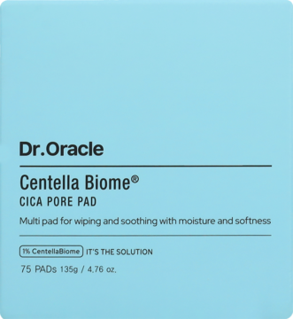 Jasnoniebieskie opakowanie Dr.Oracle Centella Biome Cica Pore Pad, wielofunkcyjne płatki tonizujące, widok z przodu.
