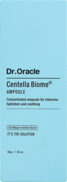 Dr.Oracle Centella Biome Ampoule, jasnoniebieskie pudełko, widok z przodu, opis działania: nawilżenie i ukojenie.