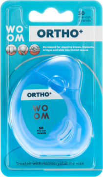 WOOM ORTHO+ ortodontyczna nić dentystyczna, 50 pre-cut odcinków, w niebieskim etui, widok z przodu.