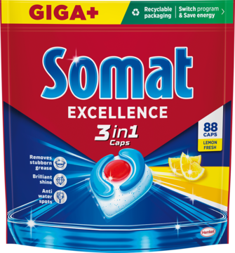 Somat Excellence 3w1 GIGA+ Lemon, 88 kapsułek do zmywarki. Czerwone opakowanie z widoczną kapsułką.