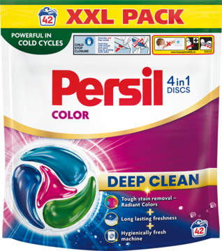 XXL opakowanie Persil Color 4in1 Discs do prania kolorów (42 szt.). Widok przodu, trzy kapsułki, deep clean.
