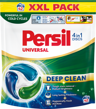 Persil Universal 4in1 Discs XXL Pack, 42 prania, widok z przodu. Biało-zielona torba z niebieskimi dyskami.