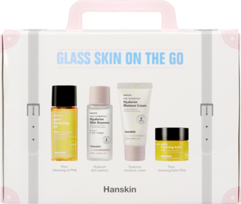 Zestaw Hanskin Glass Skin On The Go w białym pudełku walizce. 4 kosmetyki z kwasami PHA i hialuronowym.