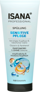 Isana Professional Spülung Sensitive Pflege, jasnoniebieska tubka, widok z przodu, bez zapachu i silikonów.