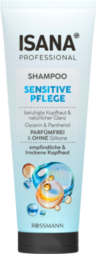 Szampon Isana Professional Sensitive Pflege, biała tuba z błękitnym tłem i bąbelkami, widok z przodu.