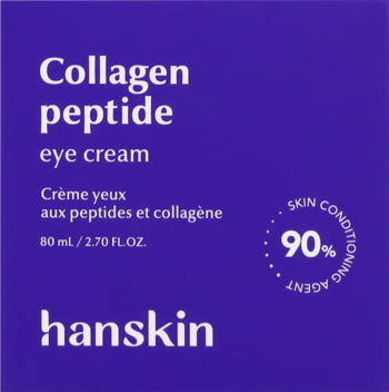 Fioletowe pudełko Hanskin Collagen peptide nawilżający krem do twarzy i oczu 80ml, widok z przodu, z białym napisem.