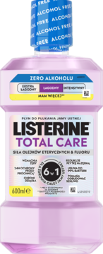 Listerine Total Care Łagodny Zero Alkoholu, płyn do płukania ust 600ml, różowa butelka, widok z przodu.