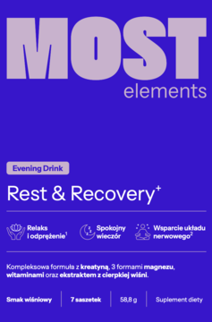 Granatowe opakowanie suplementu Most elements Rest & Recovery Evening Drink na noc, wspierającego relaks i sen.