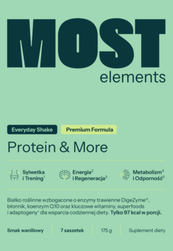 Zielone opakowanie MOST elements Protein & More, wegańska odżywka białkowa o smaku waniliowym, 7 saszetek, widok z przodu.