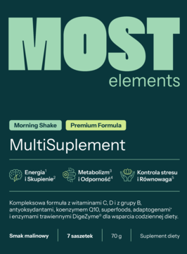MOST elements MultiSuplement, smak malinowy. Ciemnozielony front opakowania 70g z ikonami energii, metabolizmu i stresu.
