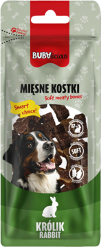 Zielone opakowanie Bubalicious Mięsne Kostki, królik, miękkie przysmaki dla psów, z psem i 87% królika.