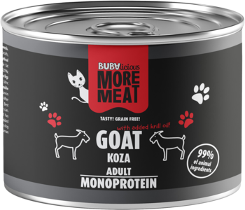 Puszka karmy Bubalicious More Meat dla kotów, smak koza monoproteinowa, czarna z czerwonym napisem, widok z przodu.