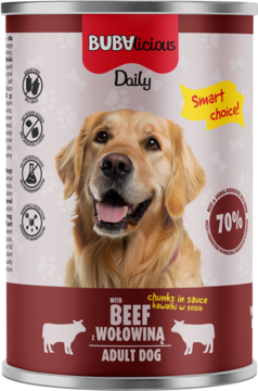 Puszka Bubalicious Daily karmy dla dorosłych psów, z wołowiną w sosie, z psem rasy Golden Retriever na etykiecie.