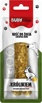 Bubalicious kość do żucia dla psa z królikiem i morelą. Biało-zielone opakowanie, widok z przodu.