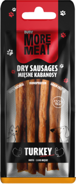 Czarne opakowanie Buby More Meat Dry Sausages z indyka dla psa. Widać brązowe, monobiałkowe kabanosy, 100% mięsa.