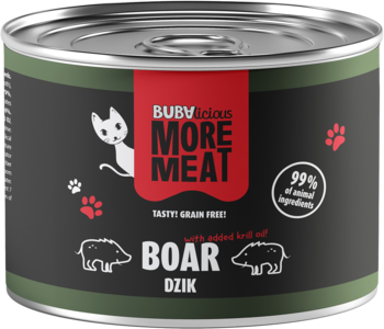 Puszka karmy Bubalicious More Meat Boar Dzik, czarno-czerwona etykieta z kotem i dzikami, widok z przodu.