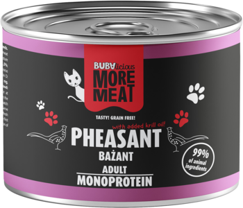 Front puszki karmy dla kotów Bubalicious More Meat Bażant, ciemnoszara etykieta z różowymi detalami, białym kotem i napisem 'ADULT MONOPROTEIN'.