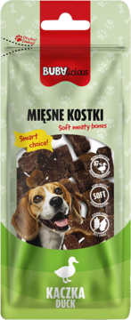 Bubalicious miękkie kostki z kaczką dla psów. Widok z przodu zielonej torebki z beaglem i przysmakami treningowymi.
