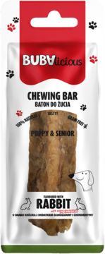 Bubalicious Chewing Bar dla psa, z królikiem, glukozaminą i chondroityną. Białe opakowanie, widok z przodu.