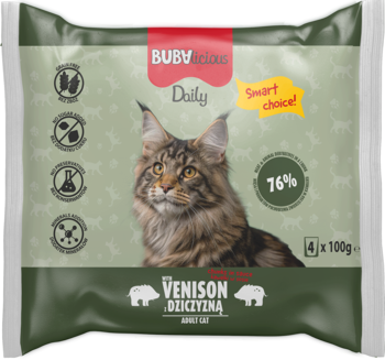 Zielona saszetka Bubalicious Daily, mokra karma dla kotów z dziczyzną, Maine Coon, widok z przodu opakowania.