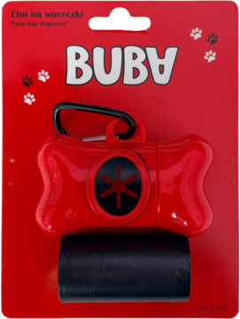Czerwone etui BUBA na woreczki do psich kup, w kształcie kości z karabińczykiem, z rolką, w blistrze.