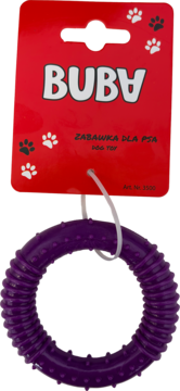 Fioletowy gumowy gryzak BUBA Ring XS dla psa, z widocznym opakowaniem z łapkami, na czarnym tle.