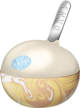 Kulista woda perfumowana DKNY Be Delicious Latte Vanilla. Kremowo-brązowe opakowanie z logo na srebrnej łyżce.