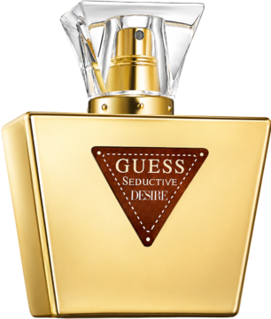 Złoty flakon Guess Seductive Desire EDT 50ml z brązową etykietą i fasetowanym, przezroczystym korkiem, widok z przodu.