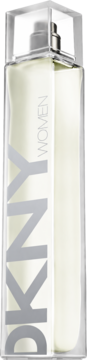 DKNY WOMEN EDP 100ml perfumy w wysokiej, prostokątnej butelce z jasnym płynem i srebrnym napisem, widok z przodu.