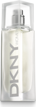 DKNY WOMEN EDP 30ml: przezroczysty, prostokątny flakon z białym płynem, matową zatyczką i napisem. Widok z przodu.