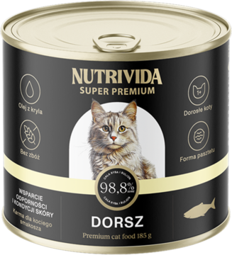 Puszka karmy Nutrivida Super Premium z dorszem dla dorosłych kotów, czarno-złota etykieta z kotem.