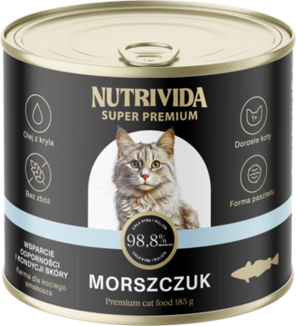 Czarna puszka karmy Nutrivida Super Premium dla kota z indykiem i morszczukiem, bezzbożowy pasztet 185g.