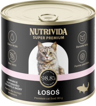 Puszka karmy Nutrivida Super Premium z łososiem 185g, czarno-różowa etykieta z kotem i 98.8% łososia.