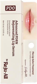 Dr. Reju-All PDO PDRN Rejuvenating Lip Serum 10ml for sensitive skin, white box, glossy lips.