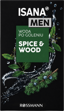 ISANA MEN Woda po goleniu SPICE & WOOD. Czarne opakowanie z zielonym napisem i grafiką z roślinami, widok z przodu.