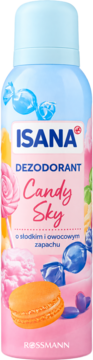 Isana Candy Sky dezodorant o słodkim, owocowym zapachu, w niebiesko-różowej puszce z grafiką słodyczy.
