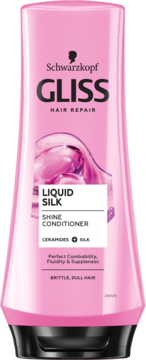 Gliss Kur Liquid Silk Shine Conditioner w różowej butelce, widok z przodu, ceramidy i jedwab dla włosów łamliwych.