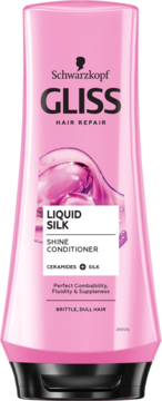 Gliss Kur Liquid Silk Shine Conditioner w różowej butelce, widok z przodu, ceramidy i jedwab dla włosów łamliwych.