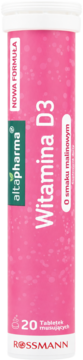 Różowa tuba Altapharma Witamina D3 o smaku malinowym, 20 tabletek, Rossmann, widok z przodu.
