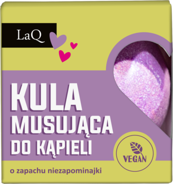 Opakowanie kuli musującej do kąpieli LaQ Niezapominajka. Zielono-fioletowe, z sercem i brokatową, fioletową kulą.
