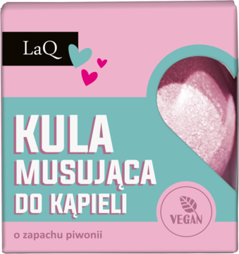 Różowo-turkusowe opakowanie LaQ kuli musującej do kąpieli Piwonia z białym napisem, logo i znaczkiem VEGAN, widok z przodu.