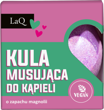LaQ Kula Musująca do Kąpieli Magnolia VEGAN. Różowo-zielona grafika produktu z brokatową kulą.