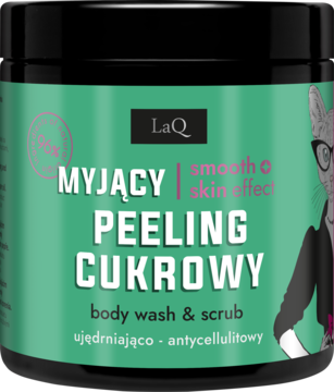 Czarny słoik LaQ Myjący Peeling Cukrowy Magnolia i Różowy Pieprz, na zielonej etykiecie kot w okularach.