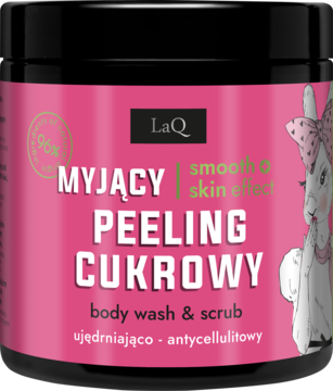 LaQ MYJĄCY PEELING CUKROWY ujędrniająco-antycellulitowy, czarny słoik z różową etykietą, widok z przodu.