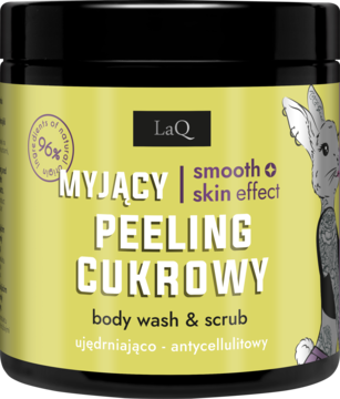 LaQ peeling cukrowy do mycia ciała, ujędrniająco-antycellulitowy, czarny słoik z żółtą etykietą, przód.