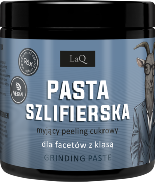 LaQ Pasta Szlifierska, męski cukrowy peeling do ciała z kozłem w okularach, widok z przodu.