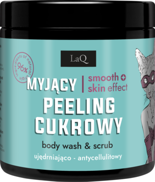 Czarne opakowanie LaQ Peeling Cukrowy ujędrniająco-antycellulitowy, niebieska etykieta z napisem body wash & scrub.
