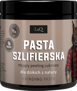 LaQ Pasta Szlifierska, naturalny peeling cukrowy dla mężczyzn, ciemne opakowanie z wilkiem, widok z przodu.